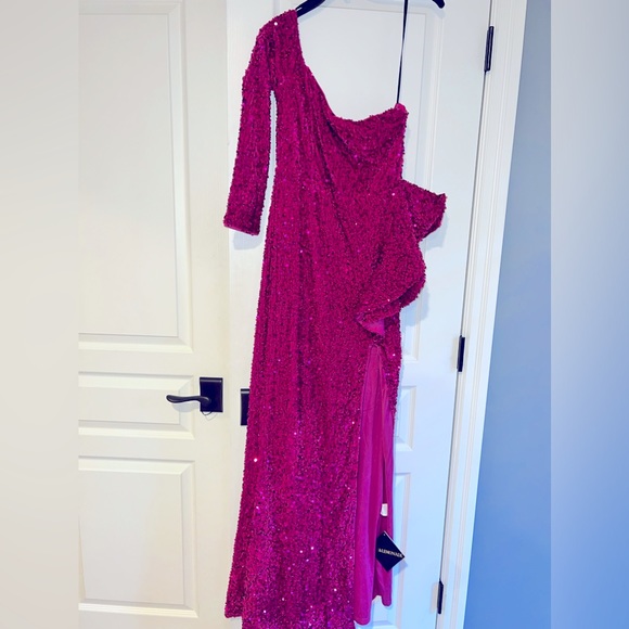 LOVE&LEMONADE Neon Pink One Shoulder Draped Satin Dress
